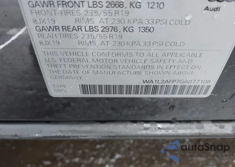 2016 Audi Q5 2.0T Premium from USA, damaged, VIN WA1L2AFP7GA077108